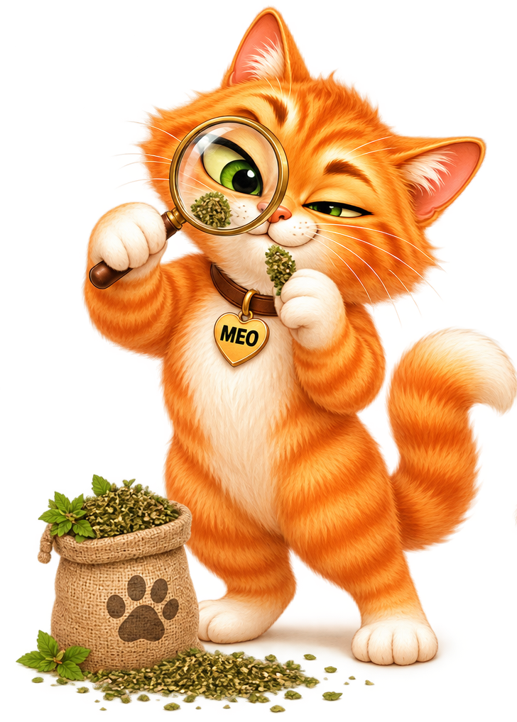 MEO inspecting catnip through a magnifying glass